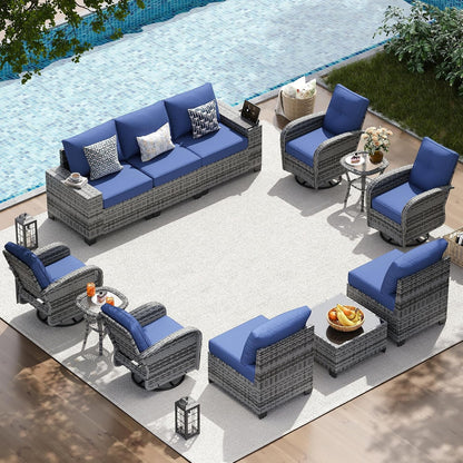 12 PCS Patio Furniture Set, Outdoor Sectional All-Weather Wicker Conversation Set with Swivel Rocker Chairs, 4'' Thick Cushions for Backyard Poolside(Navy/Grey)1