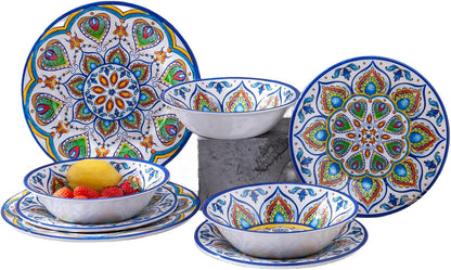 Melamine Dinnerware Set, 12 Pcs Dinner Plates Bowls Sets for Indoor and Outdoor Use, Durable Unbreakable Dishes Sets, Dishwasher Safe, BPA Free, Service for 41