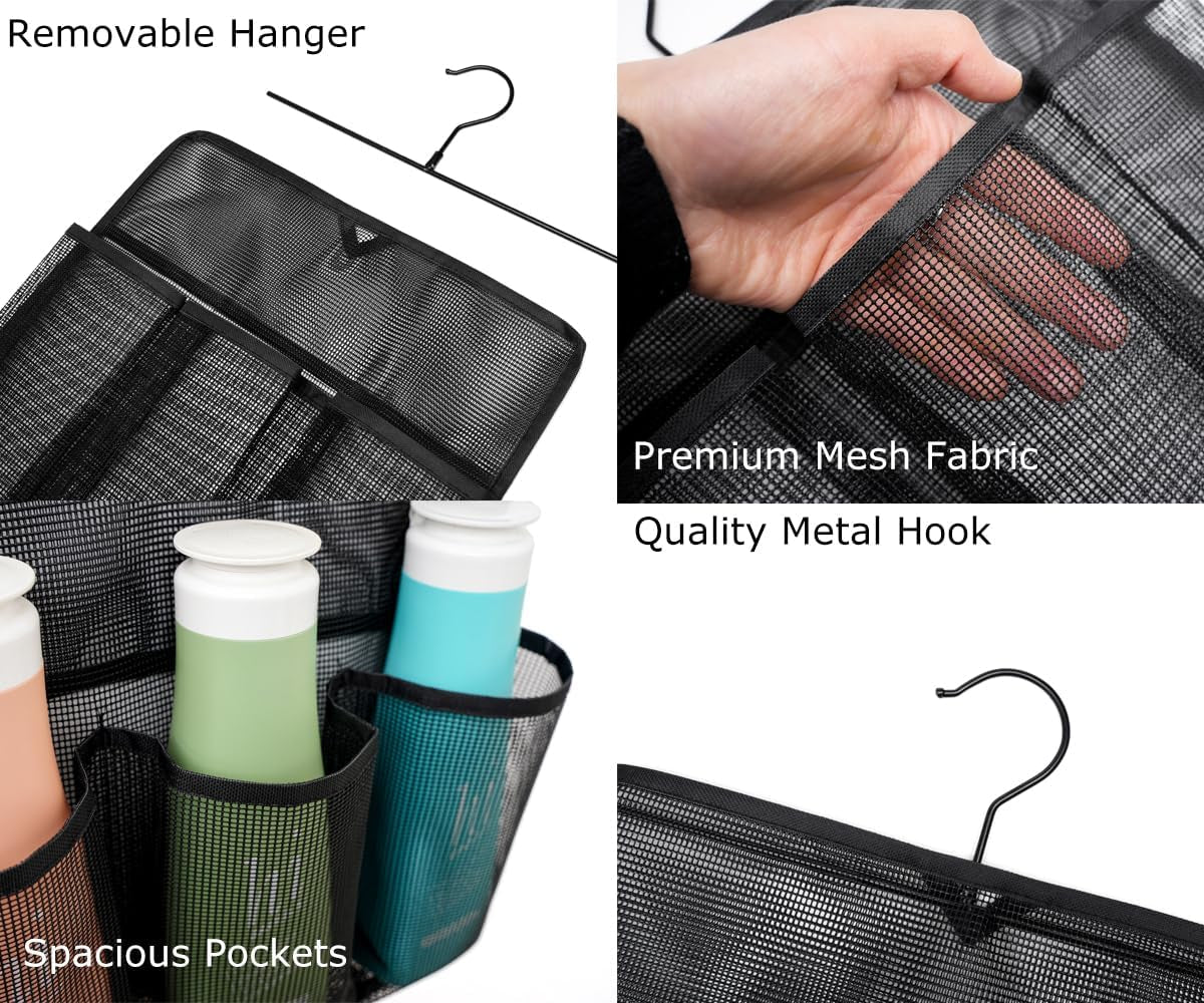 mesh-shower-organizer-shower-caddy-with-rotating-detachable-metal-hanger-quick-dry-bathroom-storage-for-toiletry-accessories-portable-shower-bag-for-rv-dorm-gym-and-travel-black