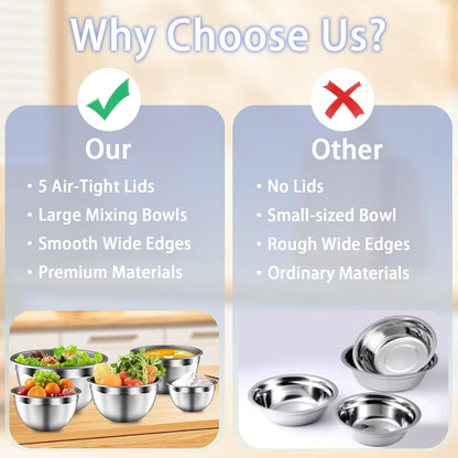 Mixing Bowls with Airtight Lids Set, 5 PCS Stainless Steel Khaki6