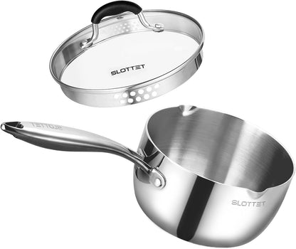 Tri-Ply Whole-Clad Stainless Steel Sauce Pan with Pour Spout,2.5 Quart Small Multipurpose Pasta Pot with Strainer Glass Lid, Saucepan for Cooking with Stay-Cool Handle.1