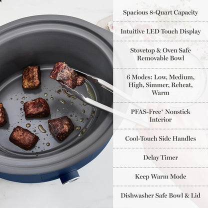 8 Quart Slow Cooker, Ceramic Nonstick Crock, Indigo Blue | 6 Modes, Delay Timer, Keep Warm, Dishwasher Safe Bowl & Glass Lid, Stovetop & Oven Safe Removable Pot, Simmet, Reheat, Warm7