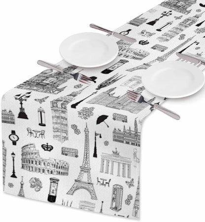 Table Runner Europe Travel Famous Places Hand Drawn Map,Cotton Linen Table Runner Decoration for Kitchen Family Dinner Table Holiday Party Farmhouse Style 13 X 72 Inch2