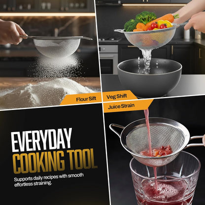 Premium Stainless Steel Fine Mesh Strainers for Kitchen 3-Piece Set with Non-Slip Handle, Small, Medium & Large Sieves, Colanders and Sifter for Sifting, Straining, Pastas Tea, Rice Vegetables2