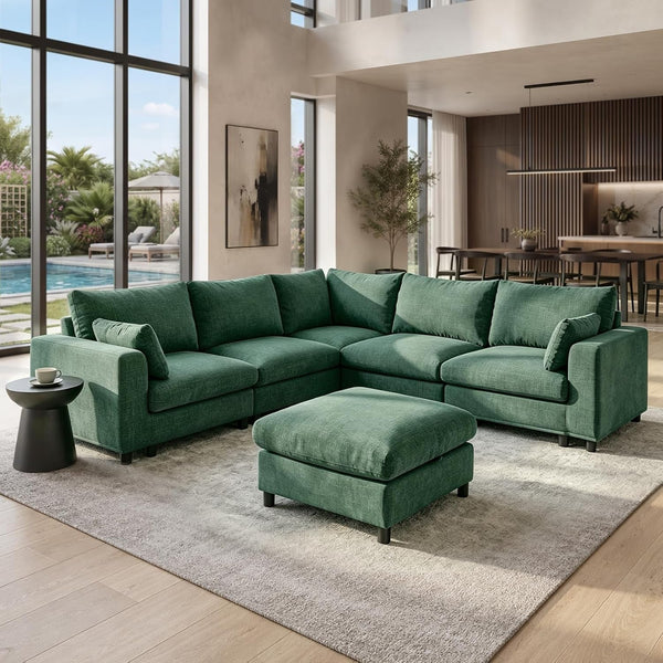 Oversized Couch Modular, V Shaped Big Comfy Couch with Ottoman Storage, Deep Seat Sectional Sofa Solid Wood Frame, Home Sofa Living Room, Office, Removable Cover, Green1