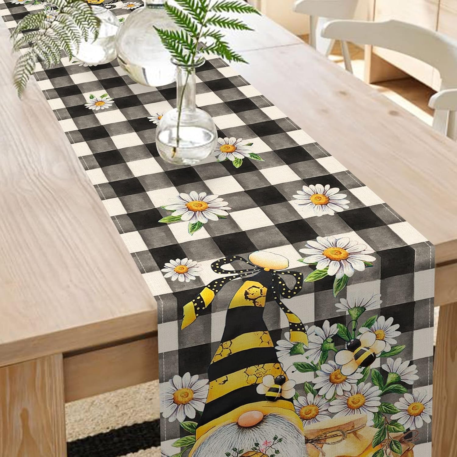 spring-bee-gnome-table-runner-honey-black-white-buffalo-plaid-check