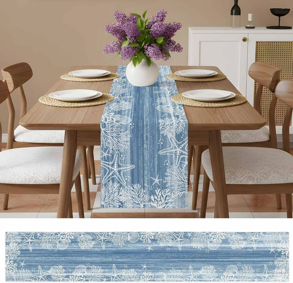 Blue Coastal Table Runner 72 Inches Long Farmhouse Dress Scarves, Ocean Beach Coral Starfish Nautical Vintage Dining Tablerunner for Coffee Table/Kitchen Island/Party Décor, 13" X 72"8