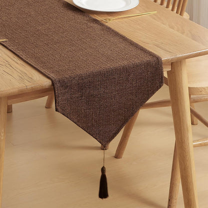 Faux Linen Brown Fall Table Runner with Tassels 14X95 Inch Dresser Scarf Rustic Indoor Outdoor Graduation Farmhouse Table Runners for Dining Table Banquet Party Home Bedroom Decoration1