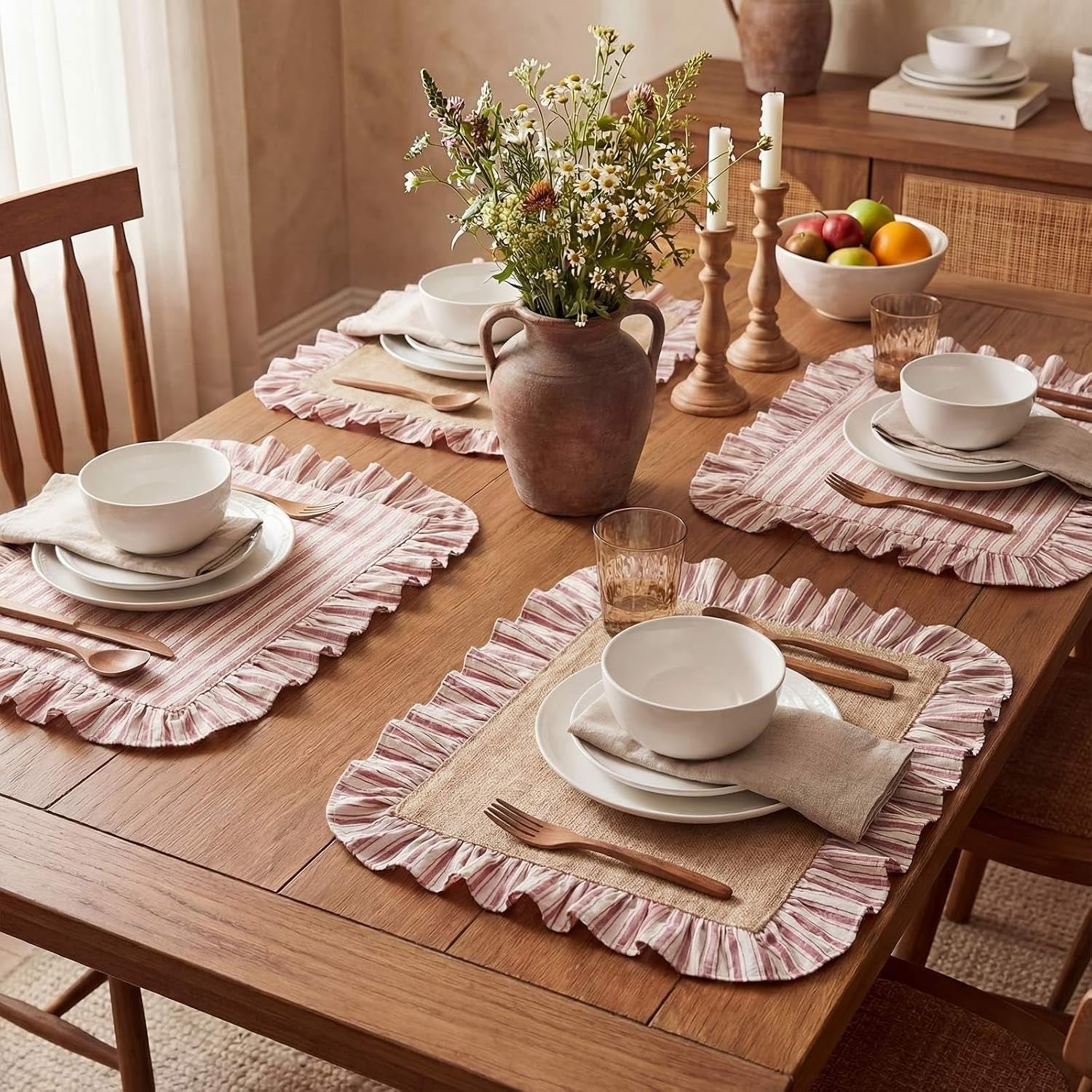 4-pcs-striped-placemats-with-ruffle-red-white-reversible-cotton