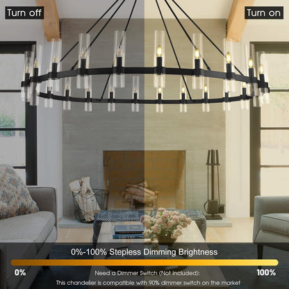 70" 24-Light Black Wagon Wheel Chandelier for High Ceilings Living Room6