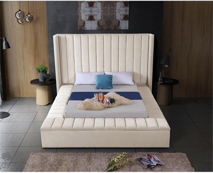 Meridian Furniture Kiki Collection Modern | Contemporary Velvet Upholsterd Bed with Channel Tufting, Siderails and Footboard Storage Compartments, King, Cream7