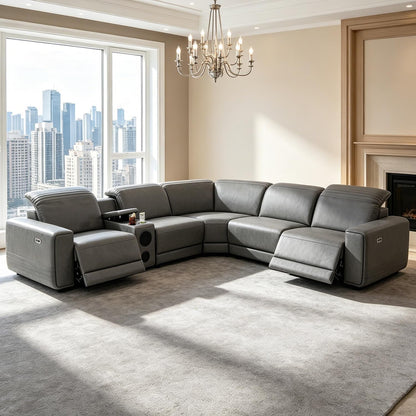 Grey Living Room Furniture Sets,Power Leather Reclining Sectional Sofa,L Shaped Couch with Recliner with Bass Speaker/Adjustable Headrest/Storage Console/Cup Holders/Usb&Type-C Charging1