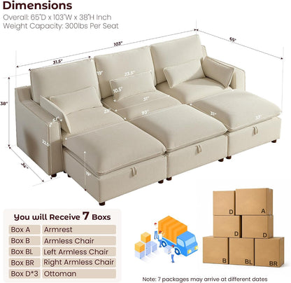 Modern Modular Sectional Sofa,103" Sleeper Sofa Bed Minimalist Couch with Storage Ottoman,Comfty 6 Seat Sofa for Living Room,Beige Chenille2