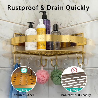 Corner Shower Shelves, 2-Tier Gold Shower Candy with 4 Hooks, Stainless Steel Bathroom Shower Organizers, Wall Mounted Caddy Shelves No Drilling with Adhesive, Triangle Storage Shelf for Toilet4