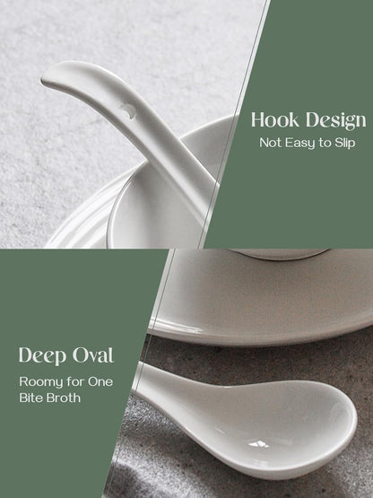 Soup Spoons, Ceramic Asian Soup Spoons, White Japanese Spoon Large for Ramen Pho Wonton Dumpling Miso, Deep Oval Hook Design, Set of 4 (4, Soft White)6