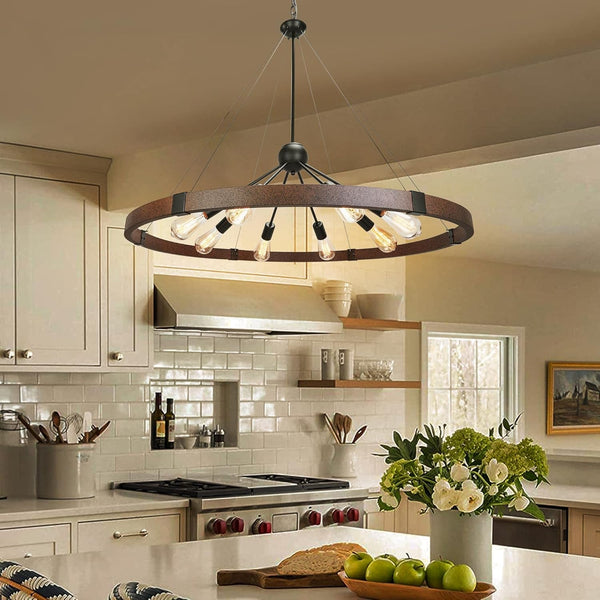 38.2'' Large Farmhouse Wagon Wheel Chandelier for Living Room, 8-Light Rustic round Metal Light Fixtures for Dining Room Entryway Kitchen Island, Vintage Rust and Black Finishes9