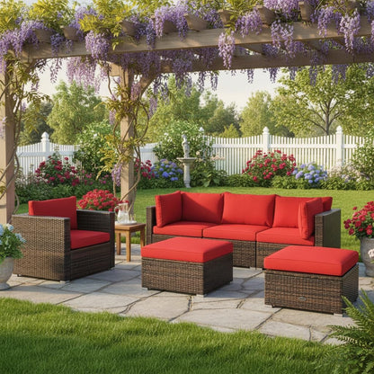 6 Pieces Wicker Patio Furniture Set, PE Rattan Outdoor Sectional Conversation Set with Glass Coffee Table & Ottoman, Wicker Sofa Set with Cushions for Yard Garden, Deck, Porch (Red)2