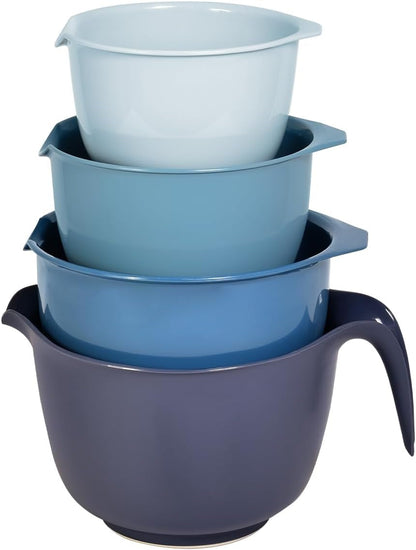 Mixing Bowls with Pour Spout, Set of 4 - Nesting Plastic Bowls (1.2Qt, 1.9Qt, 2.8Qt, and 3Qt with Handle) - Non Slip Base, Dishwasher Safe Kitchen Cooking and Baking Supplies, Blue1