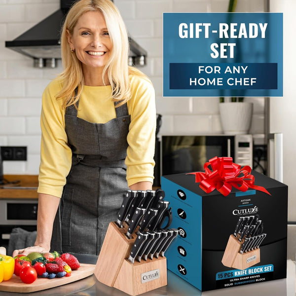 15-Piece Knife Set for Kitchen – Rubberwood Block, German Steel7