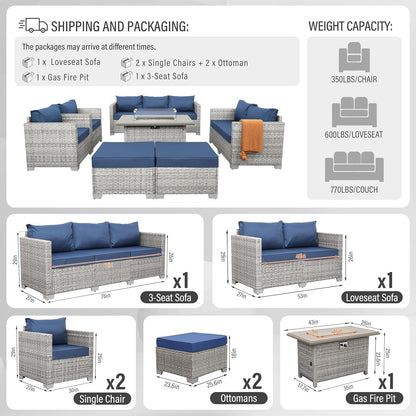 Patio Furniture Set 7 Piece Grey Wicker Outdoor Conversation Sets PE Rattan Sectional Sofa with Propane Fire Pit Table and Anti-Slip Navy Blue Cushion3