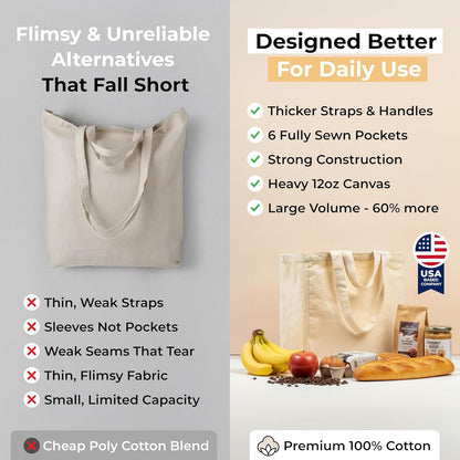 Canvas Grocery Bag 3Pc XL Set with Real Pockets, Long Shoulder Strap and Short Handle. Heavy Duty, Foldable, Washable6
