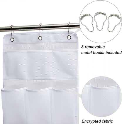 Mesh Shower Organizer Hanging Bathroom Caddy 8 Pockets Hang Curtain Rod with 3 Rings3