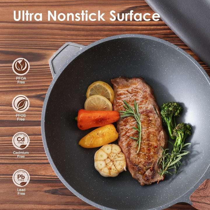 Nonstick Wok Pan with Lid 11Inch, Healthy Stir-Fry Pan Chef'S Pan | Induction Cookware, Swiss Granite Coating, Even & Fast Heating, Non Stick Frying Pan Skillet, Stay-Cool Handle, PFOA Free+2