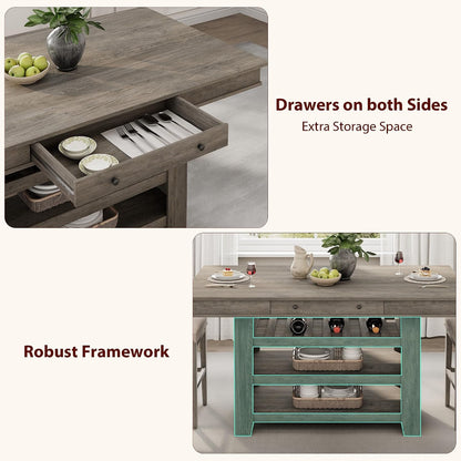 Counter Height Dining Table with 2 Drawers, 36" Farmhouse Wooden Large Bar Kitchen Table with Wine Rack & 3 Shelves, Rectangular, Thick Frame for Kitchen, Bar & Entertaining, Retro Gray5