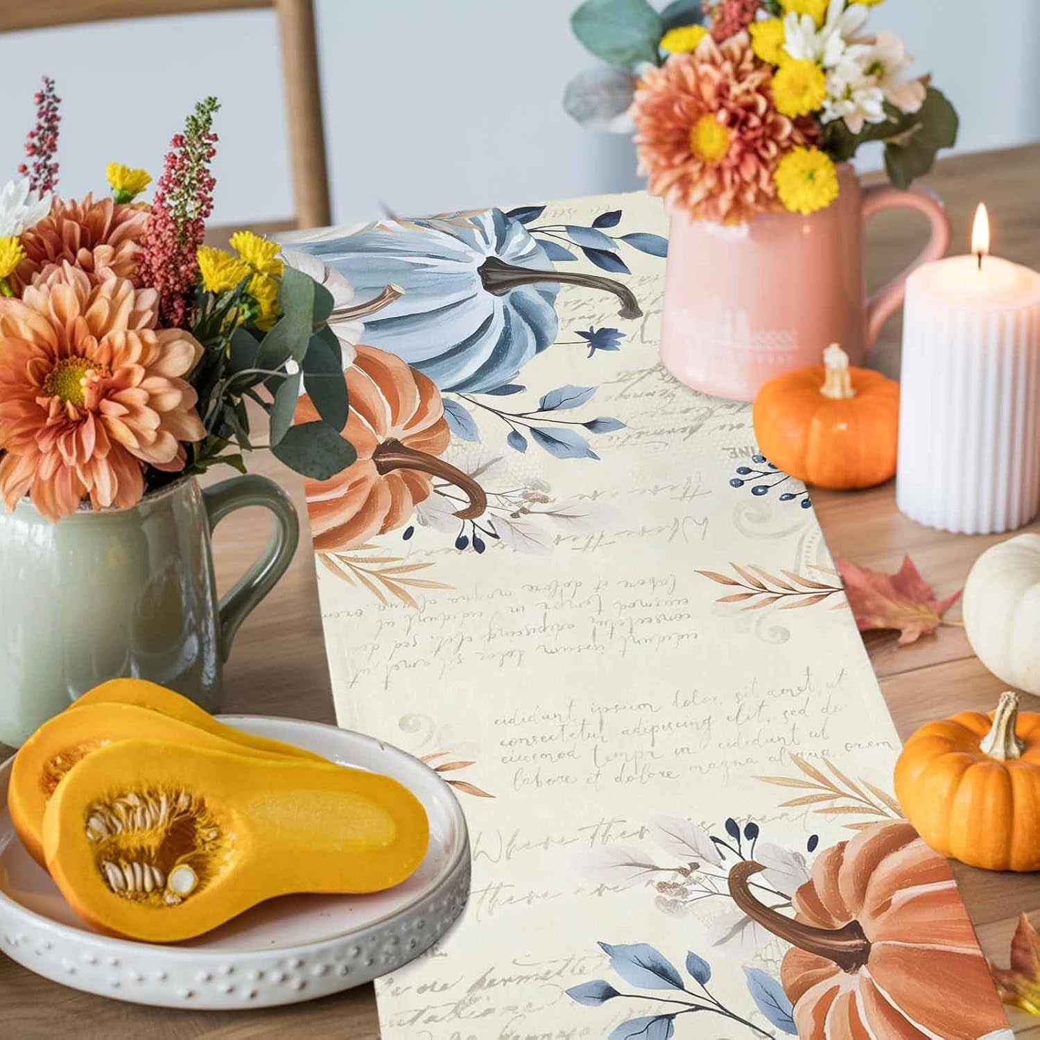 fall-table-runner-13x48-inches-long-blue-pumpkin-table-runners-floral-leaves-cotton-linen-autumn-harvest-dresser-scarf-kitchen-dining-table-decor-for-thanksgiving-holiday-party-coffee-indoor-outdoor