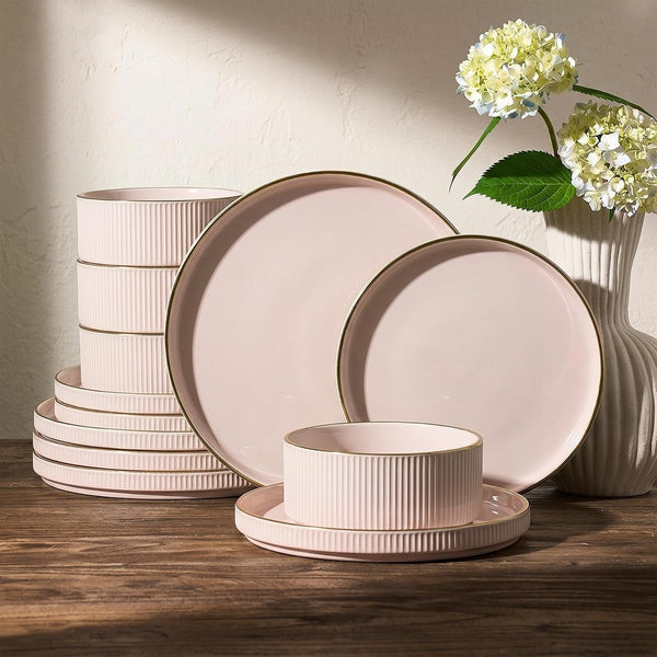 Plates and Bowls Set with Rim, Stoneware Dinnerware Sets for 41