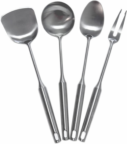 304 Stainless Steel Cooking Utensils Set 4 Piece 15 Inch Large Size Metal Kitchen Utensils Set Including Spatula,Ladle,Serving Spoon,Meat Fork,Stainless Steel Cooking Tools1