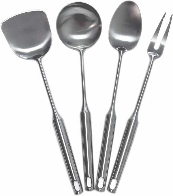 304 Stainless Steel Cooking Utensils Set 4 Piece 15 Inch Large Size Metal Kitchen Utensils Set Including Spatula,Ladle,Serving Spoon,Meat Fork,Stainless Steel Cooking Tools1