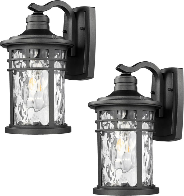 Exterior Lighting Fixture 12 Inch Outdoor Wall Lights Modern Porch Light with Water Ripple Glass Black Finish E26 Socket 2-Pack1