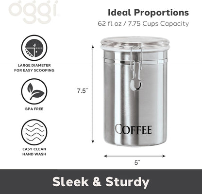 Oggi Stainless Steel Coffee Canister 62 Fl Oz - Airtight Clamp Lid, Clear See-Thru Top - Ideal for Coffee Bean Storage, Ground Coffee Storage, Kitchen Storage, Pantry Storage. Large Size 5" X 7.5".2