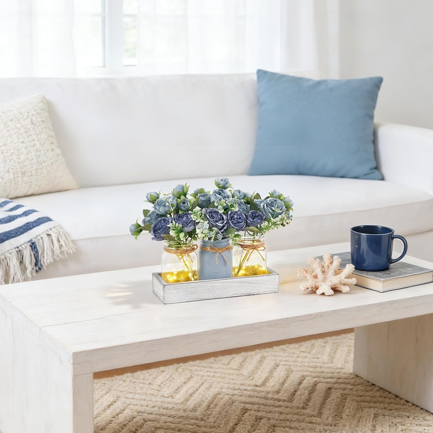 mason-jar-lights-centerpieces-for-tables-dining-room-farmhouse-decor-warm-glow-blue-artificial-flowers-wood-tray-coffee-table-decor-kitchen-living-room-wedding-indoor-outdoor-decoration
