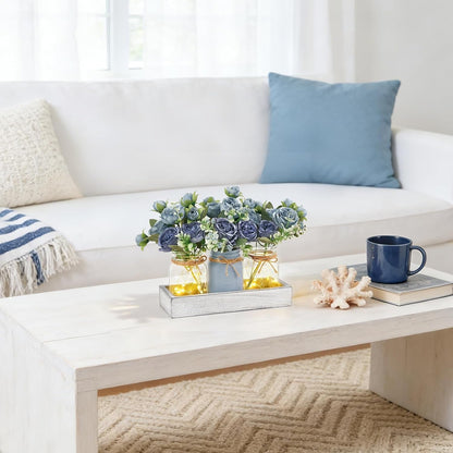 Mason Jar Lights Centerpieces for Tables Dining Room Farmhouse Decor | Warm Glow, Blue Artificial Flowers, Wood Tray, Coffee Table Decor, Kitchen Living Room Wedding Indoor Outdoor Decoration3