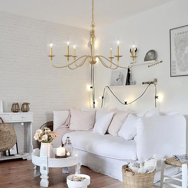 Farmhouse Chandelier 6-Light Gold Industrial Classic Candle Ceiling Rustic Pendant Lights Fixture for Dining Living Room Bedroom Kitchen Island Hanging Lighting6