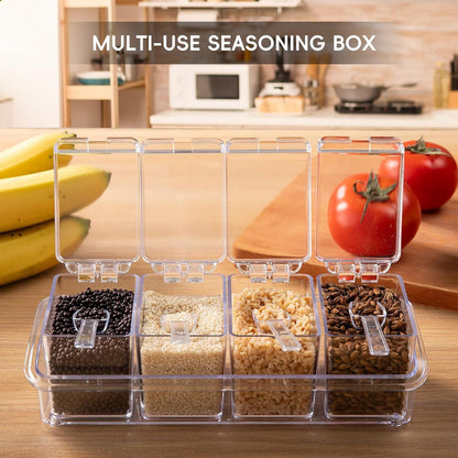 Clear Seasoning Box, 4 Pieces Seasoning Rack Spice Pots, Storage Container Condiment Jars Acrylic Seasoning Box with Covers and Spoons for Spice, Sugar, Salt, Sugar, Cardamon, Cinnamon3