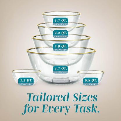 12 Pc Glass Mixing Bowl Set with Lids – Borosilicate Glass Nesting Bowls for Cooking, Baking and Meal Prep, Gold Rim5