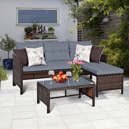 3 PCS Patio Conversation Set Sectional Rattan Wicker Sofa Set with Steel Frame & Seat Cushion, Outdoor Table & Sofa Furniture Set for Garden Lawn Pool Backyard2