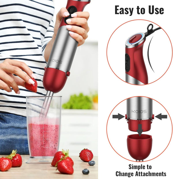 5-In-1 Hand Immersion Blender, 1000W 12 Speed Handheld Blender Stick with Copper Motor Stainless Steel Blade, 600Ml Mixing Beaker,500Ml Food Processor, Whisk, Milk Frother, Non-Bpa, Red5