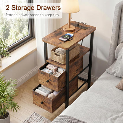 Narrow End Table with Charging Station, Side Tables Living Room | End Tables Living Room Set of 2, Skinny Nightstand with Fabric Drawers for Bedroom, Small Spaces, Rustic Brown7