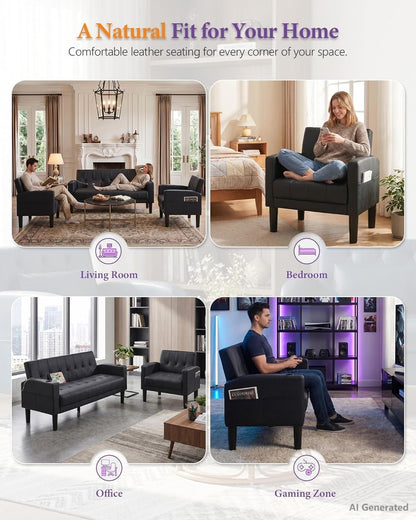 62" W Leather Loveseat and 2 Chairs, Living Room Sets W/Charging Station5