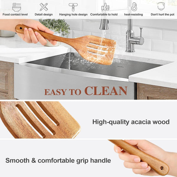 Wooden Cooking Utensils, 6 Pieces Natural Acacia Wooden Spoons for Cooking with Non Stick & Heat Resistant Design, Wooden Kitchen Utensil Set with Hanging Hole for Stirring, Mixing, Cooking4