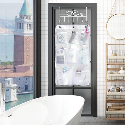 Mesh Shower Organizer Hanging Bathroom Caddy 8 Pockets Hang Curtain Rod with 3 Rings7