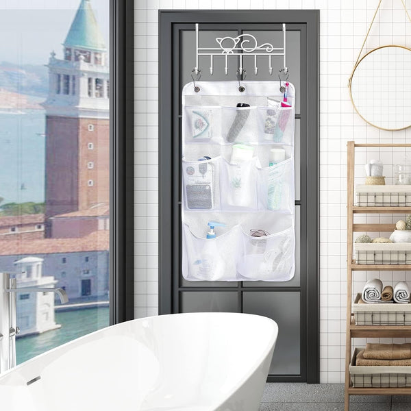 Mesh Shower Organizer Hanging Bathroom Caddy 8 Pockets Hang Curtain Rod with 3 Rings7