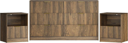 3-Piece Modern Bedroom Furniture Set, Walnut丨6-Drawer Dresser & 1-Drawer Nightstands Set of 2, Natural Wooden Dresser and Nightstand Sets for Bedroom, Hallway4