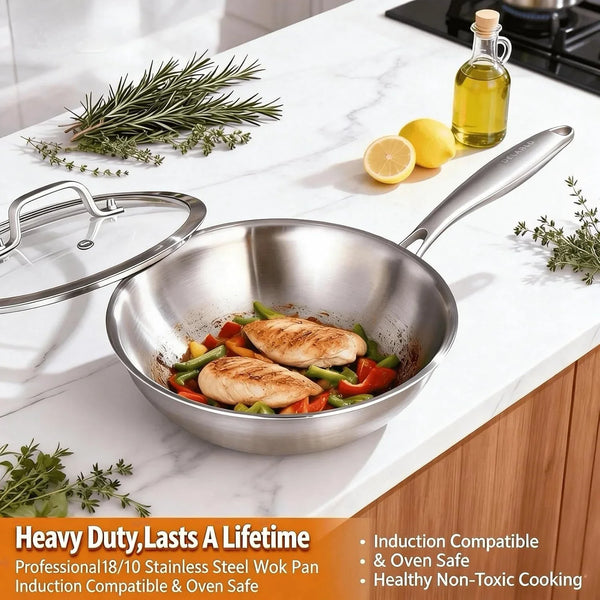Woks & Stir-Fry Pans, 13 in Stainless Steel Pan with Lid, Large Cooking Surface, Tri-Ply Stainless Steel Wok Pan,High Side 3 Layer Stainless Steel Saute Pan, Wok for Induction Cooktop, 600℉5