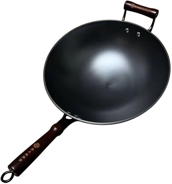 13 Inch Black Cast Iron Wok Pan round Bottom with Wooden Handle, Use on Gas Stove, Campfire Open Fire Stir-Fry, Physical Non Stick1