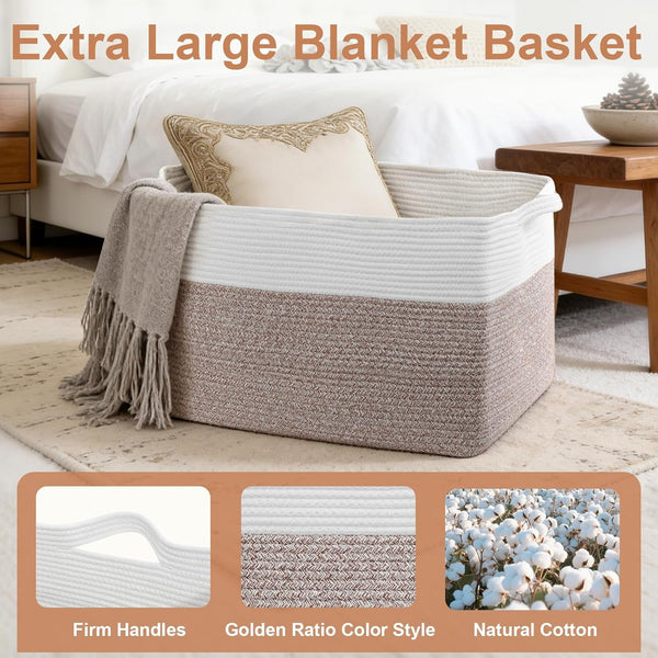 75L Large Blanket Storage Basket with Handles - White & Brown3
